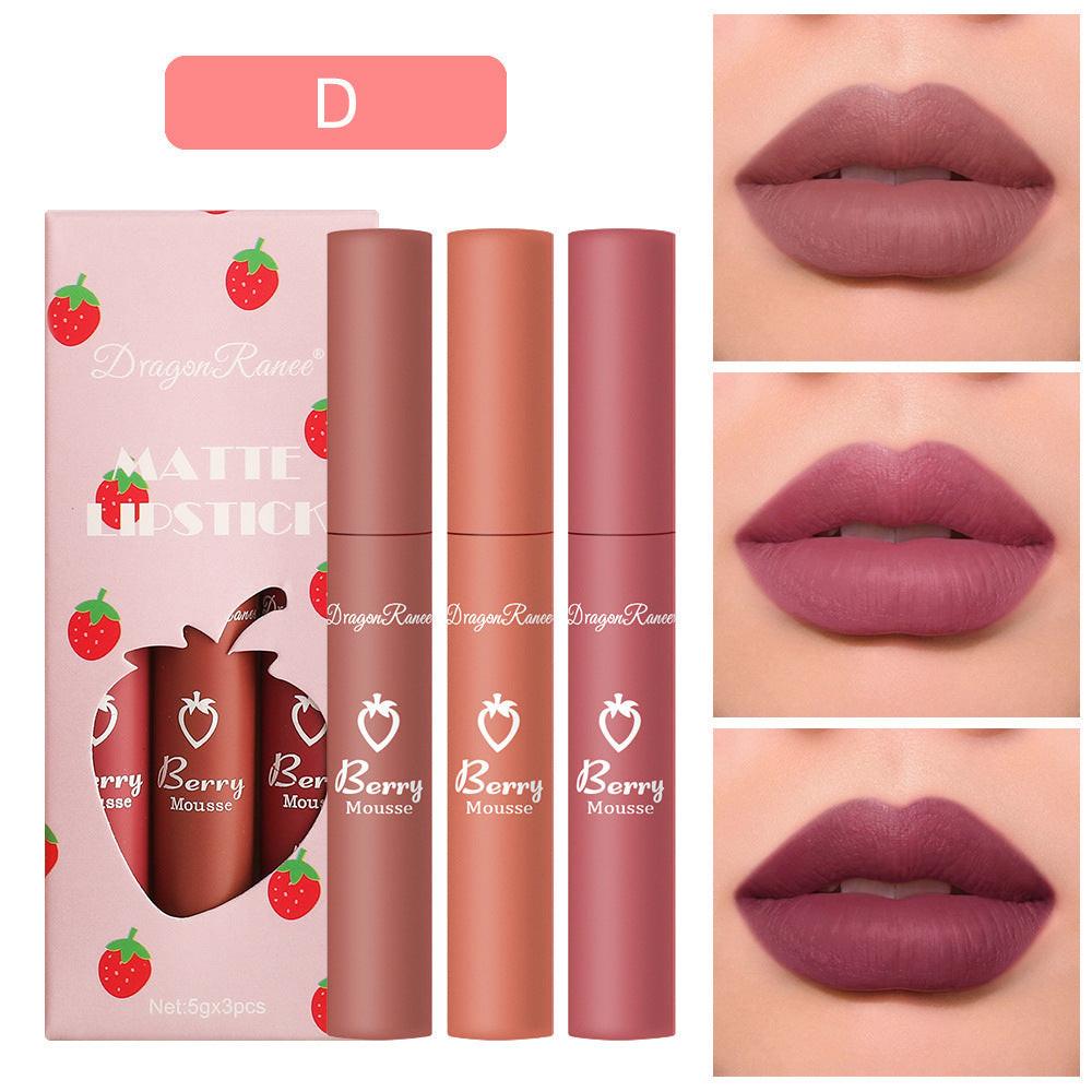 3 Strawberry Set Box Velvet Mist Matte Lip Glaze Lipstick.