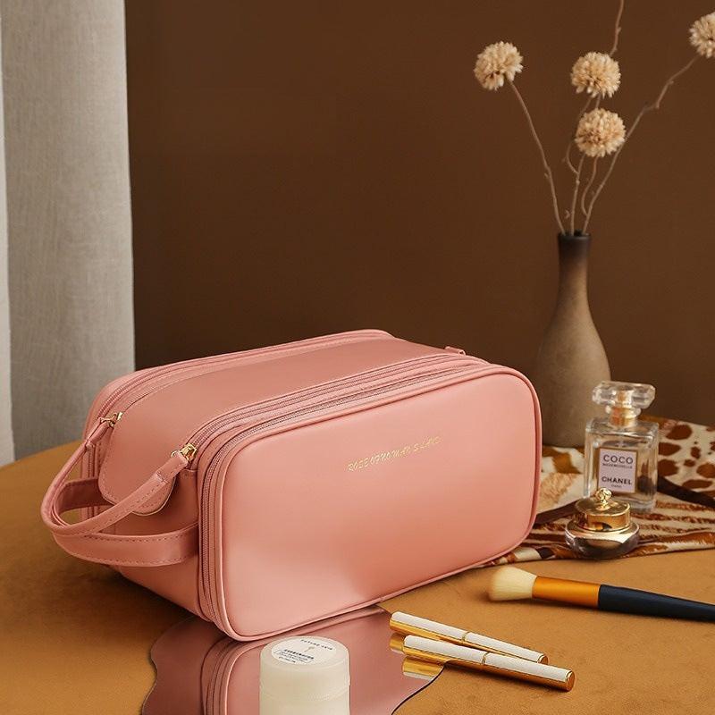 Three-layer Double Zipper U-shaped Design Cosmetic Bag Fashion High Capacity Make Up Bags Portable Pu Leather Storage Bag For Skin Care Products.