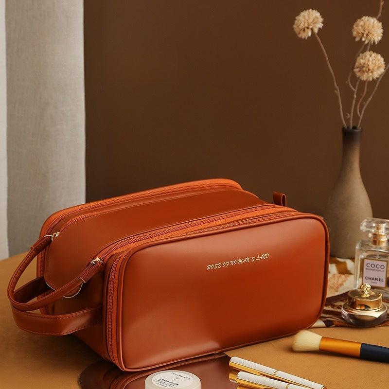 Three-layer Double Zipper U-shaped Design Cosmetic Bag Fashion High Capacity Make Up Bags Portable Pu Leather Storage Bag For Skin Care Products.