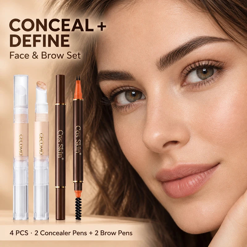 4 PCS Concealer & Eyebrow Pen Set, 2 High Coverage Sponge Tip Concealer Pens for Dark Circles and Blemishes, 2 Same-Shade Waterproof Dual Ended Liquid Eyebrow Pens with 2 Prong Tip and Spoolie, Easy to Apply Face & Brow Makeup Kit, 3 Brow Shades Availabl