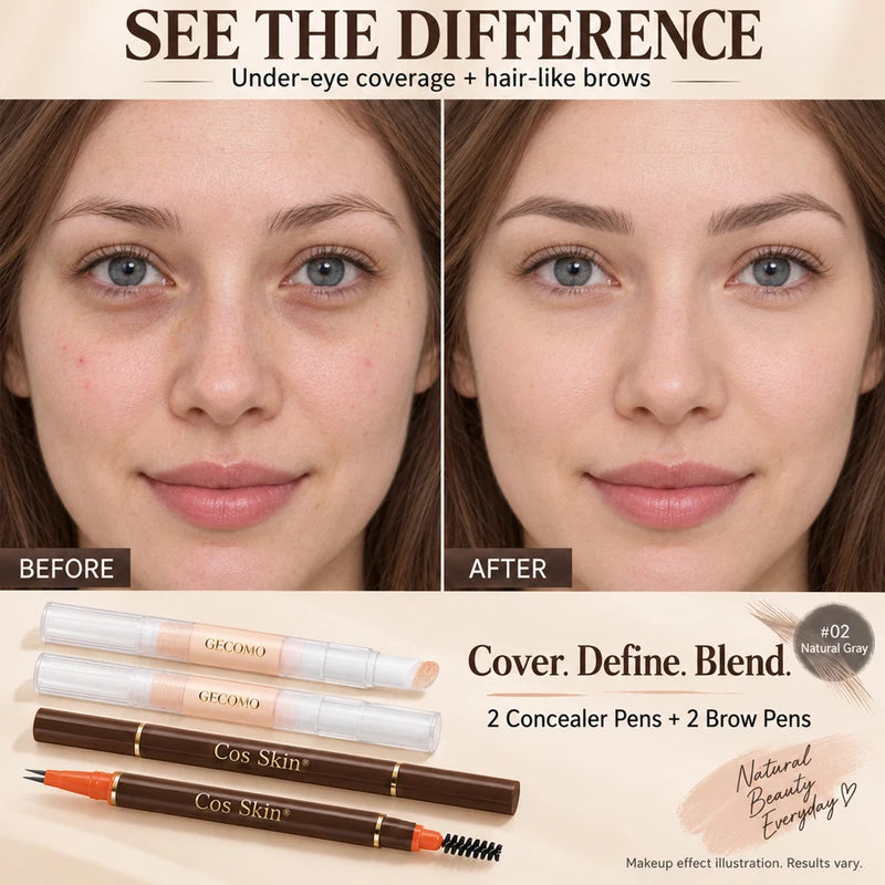 4 PCS Concealer & Eyebrow Pen Set, 2 High Coverage Sponge Tip Concealer Pens for Dark Circles and Blemishes, 2 Same-Shade Waterproof Dual Ended Liquid Eyebrow Pens with 2 Prong Tip and Spoolie, Easy to Apply Face & Brow Makeup Kit, 3 Brow Shades Availabl