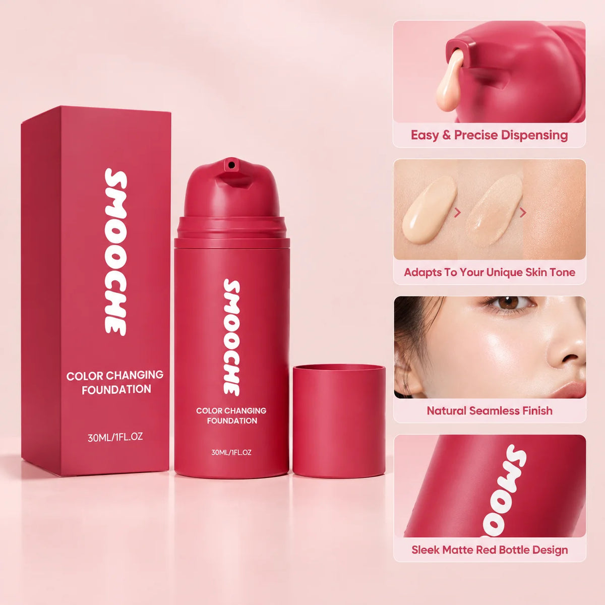 SMOOCHE Color Changing Foundation Adaptive Skin Tone Lasting Lightweight Hydrating Moisturizing Natural Finish Liquid Makeup