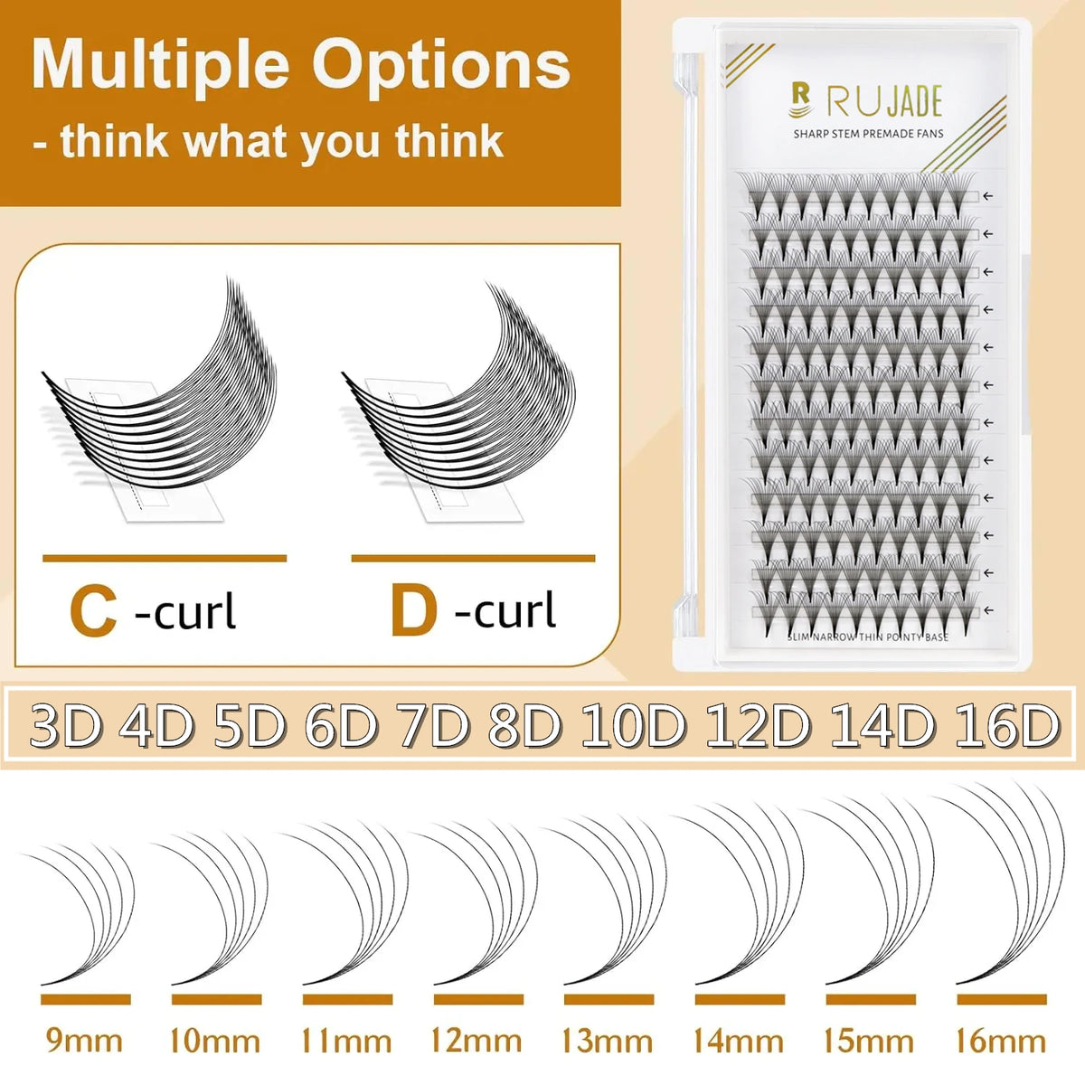 RUJADE Korean Pointy Base Premade Russian Volume Lashes 3D-16D Super Fans Sharp Stem Soft Eyelash Extensions