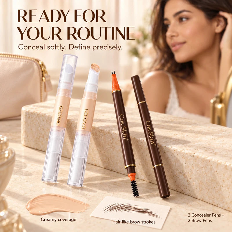 4 PCS Concealer & Eyebrow Pen Set, 2 High Coverage Sponge Tip Concealer Pens for Dark Circles and Blemishes, 2 Same-Shade Waterproof Dual Ended Liquid Eyebrow Pens with 2 Prong Tip and Spoolie, Easy to Apply Face & Brow Makeup Kit, 3 Brow Shades Availabl