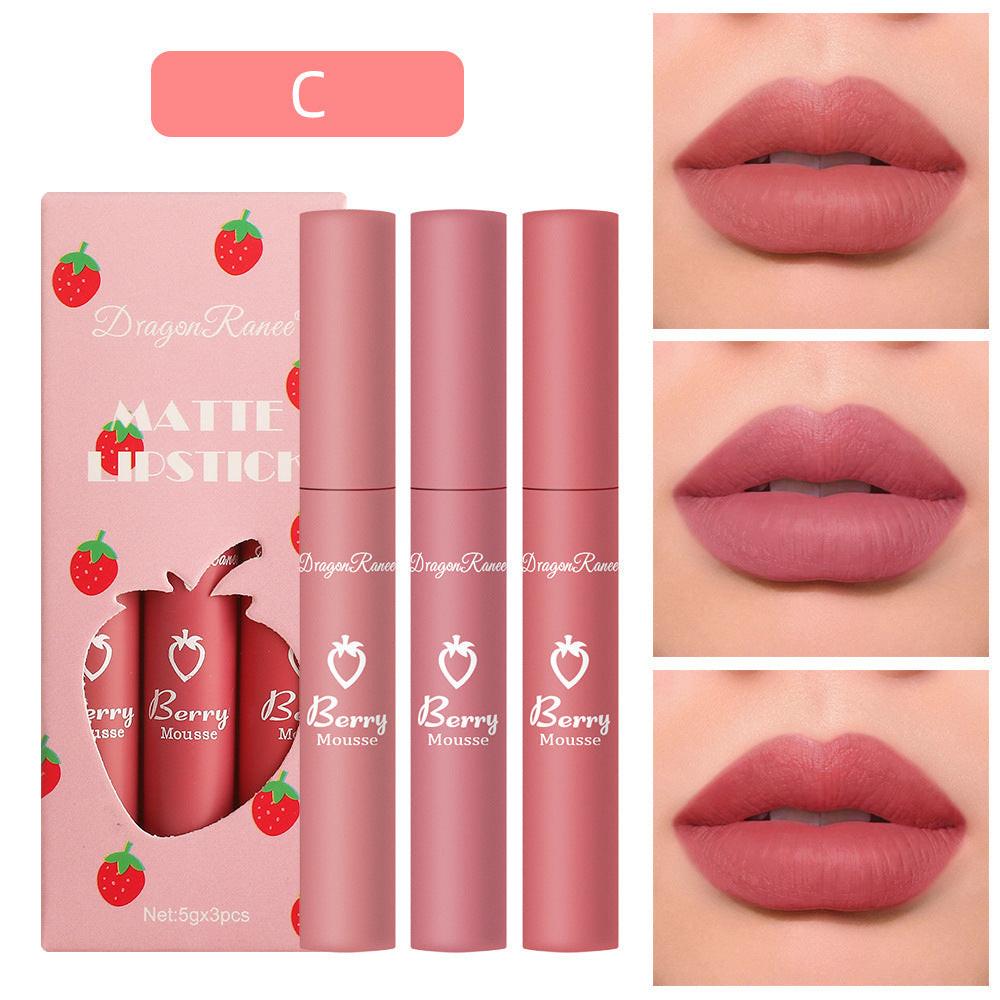 3 Strawberry Set Box Velvet Mist Matte Lip Glaze Lipstick.