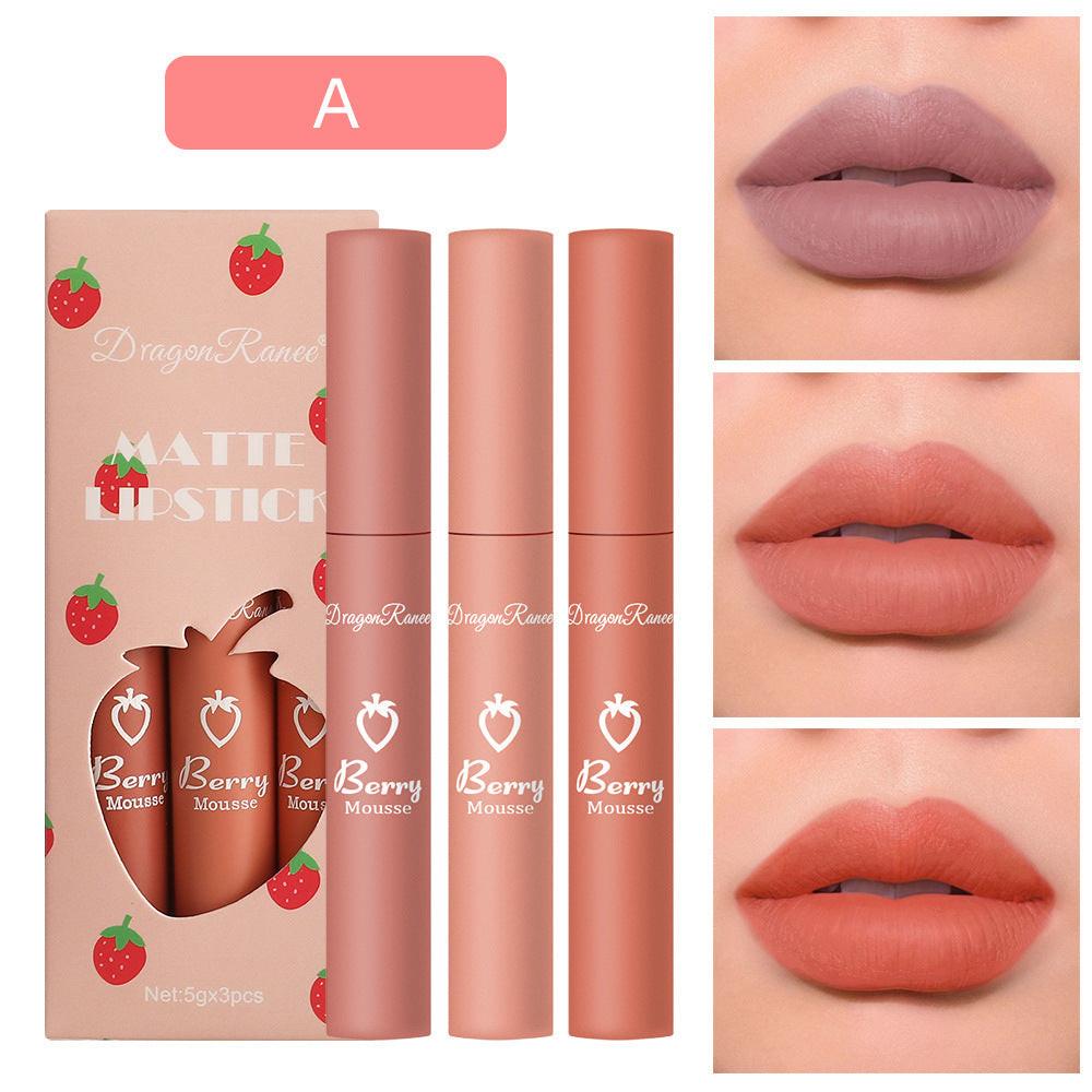 3 Strawberry Set Box Velvet Mist Matte Lip Glaze Lipstick.