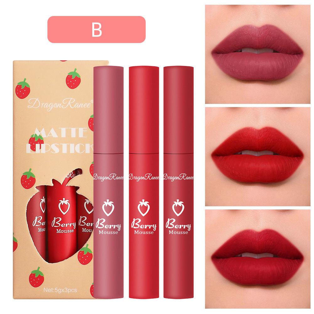 3 Strawberry Set Box Velvet Mist Matte Lip Glaze Lipstick.