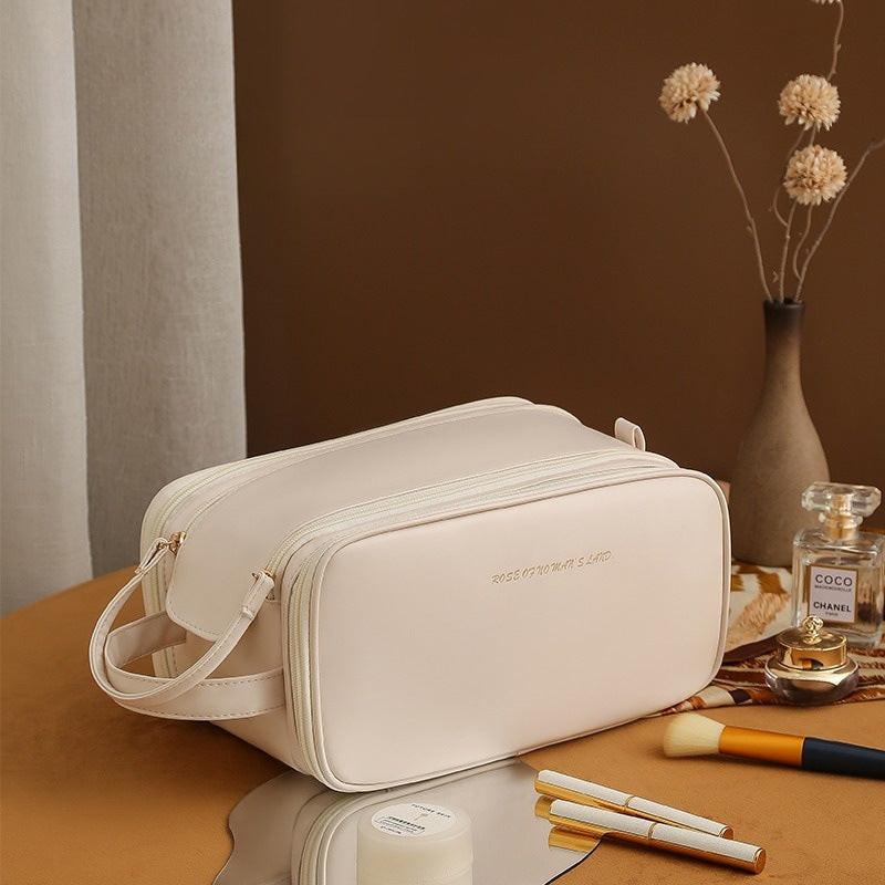 Three-layer Double Zipper U-shaped Design Cosmetic Bag Fashion High Capacity Make Up Bags Portable Pu Leather Storage Bag For Skin Care Products.