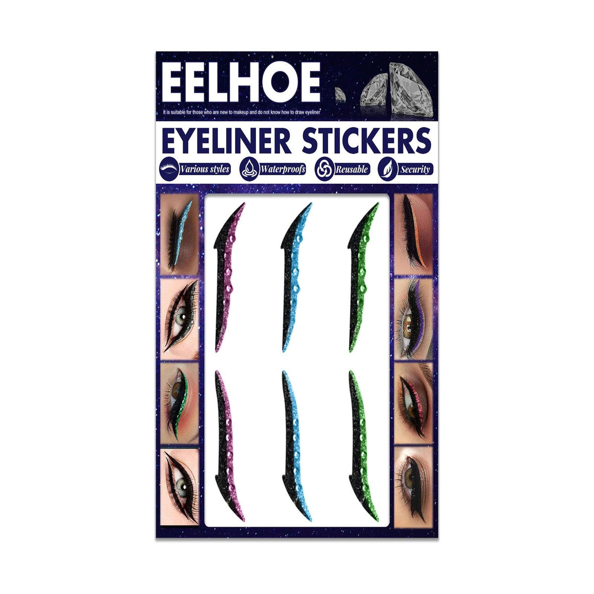 Colored Diamonds Eyelid Line Sticker Waterproof Self-adhesive Eye Liner Eyeliner Stickers Party Sexy Cat Eyes Beauty Makeup Tool.